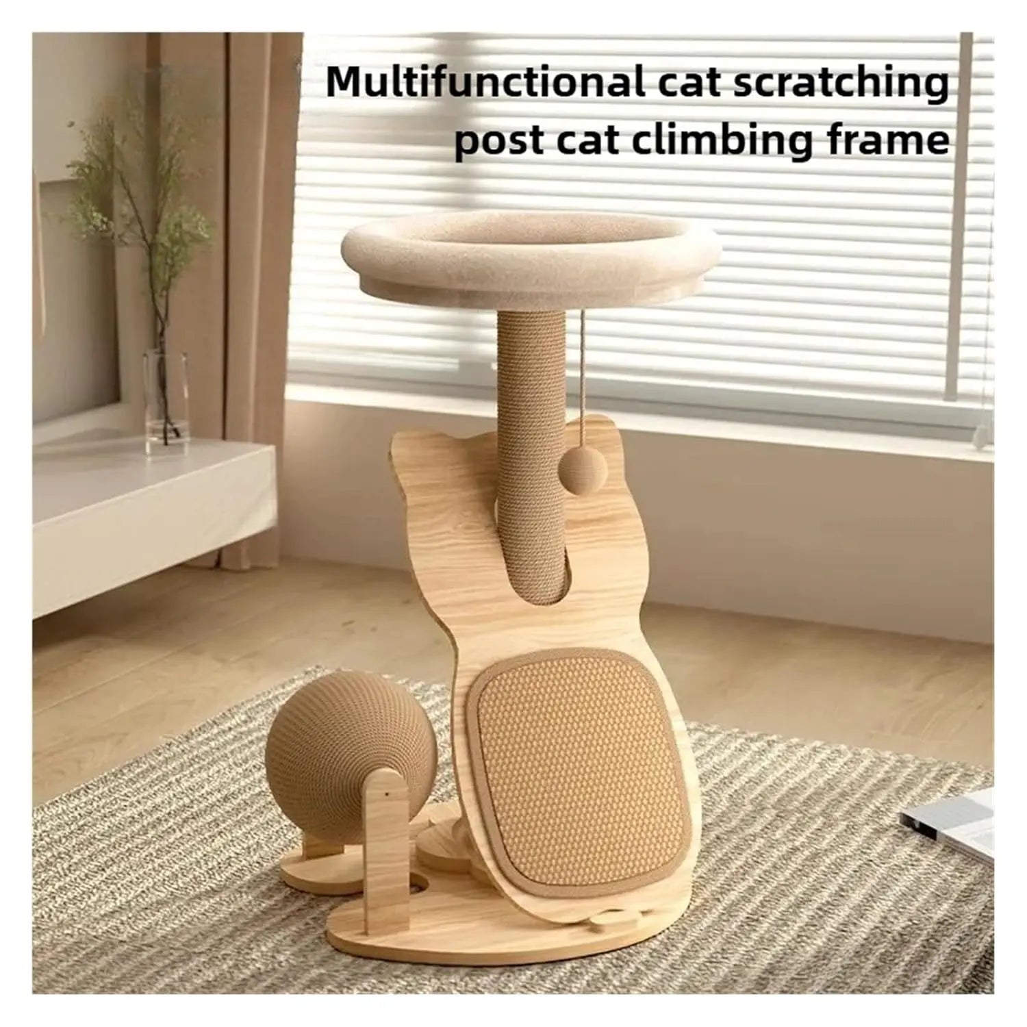 Household Sisal Cat Climbing Frame, Solid Wood, Turntable