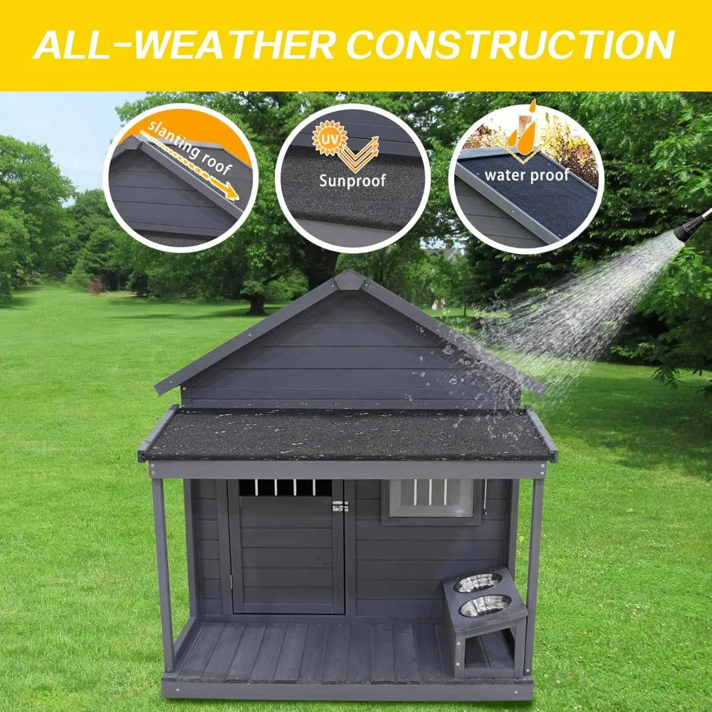 Dog House with Porch And with Dog Bowl, Door, Window, Removable Base Plate, Weatherproof Dog Kennel