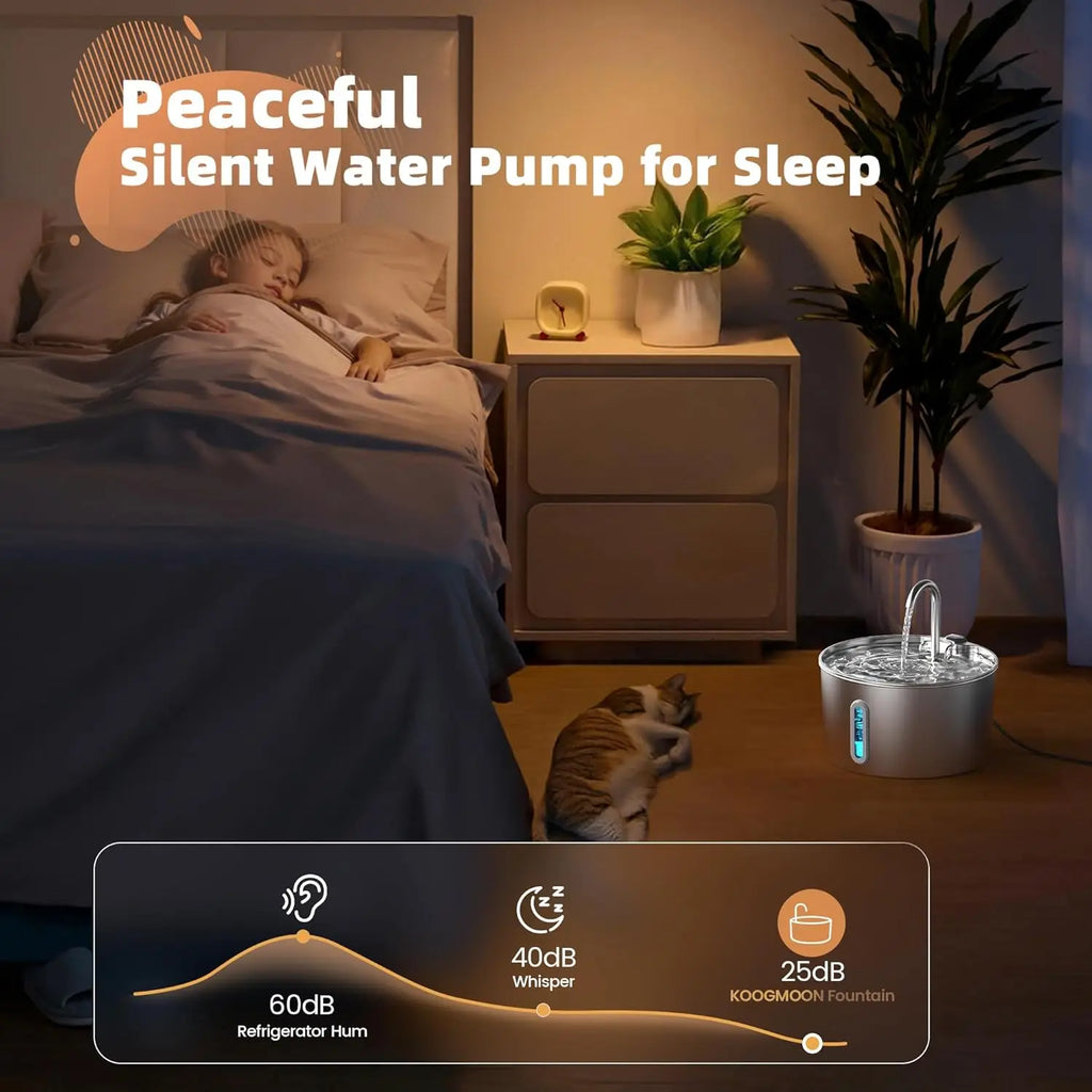 Stainless Steel Cat Water Fountain, 2.2L Automatic Water Dispenser with Quiet Pump and Level Window