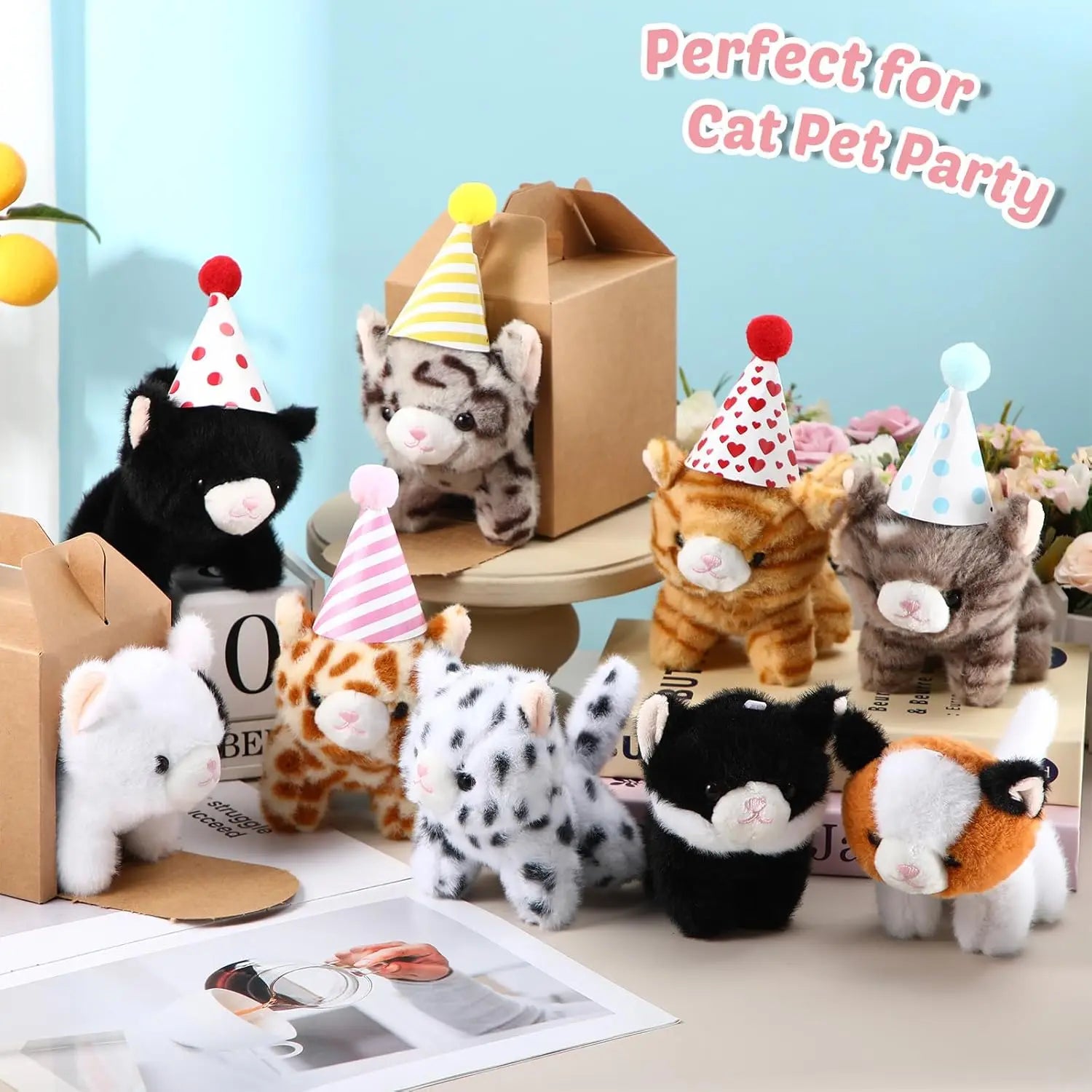 20 Mini Plush Cat Toys with Birthday Hats and Paper Houses
