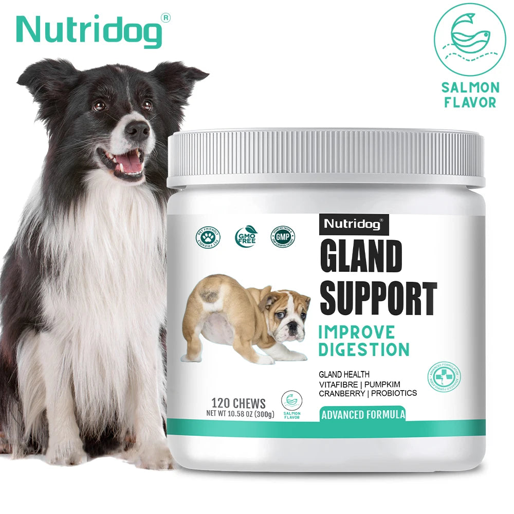 NUTRIDOG Dog Anal Gland Support  Pumpkin Seed Probiotics Digestive Enzymes Scoot Relief