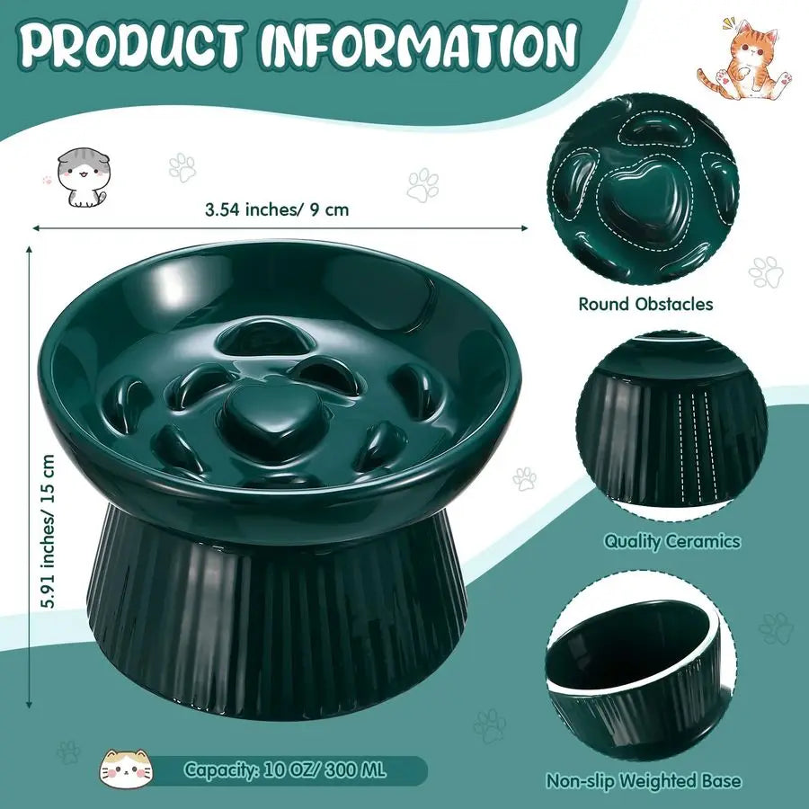 2 Pcs Raised Cat Slow Feeder Bowl Ceramic No Spill High Edge for Dry Wet Food and Water Easy to Clean