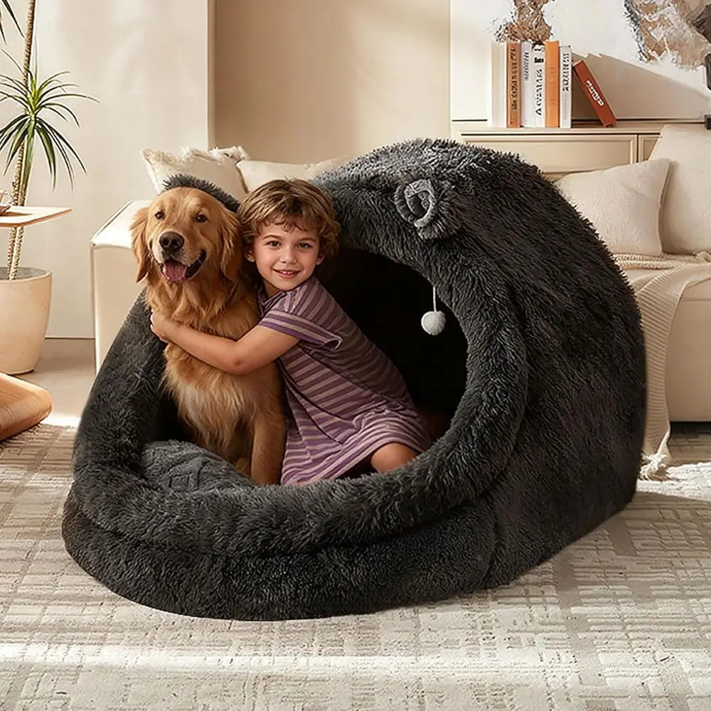 Extra Large Gray Fluffy Pet Bed with Canopy for Dogs, Cats & Humans, Removable Pillow & Blanket, Machine Washable