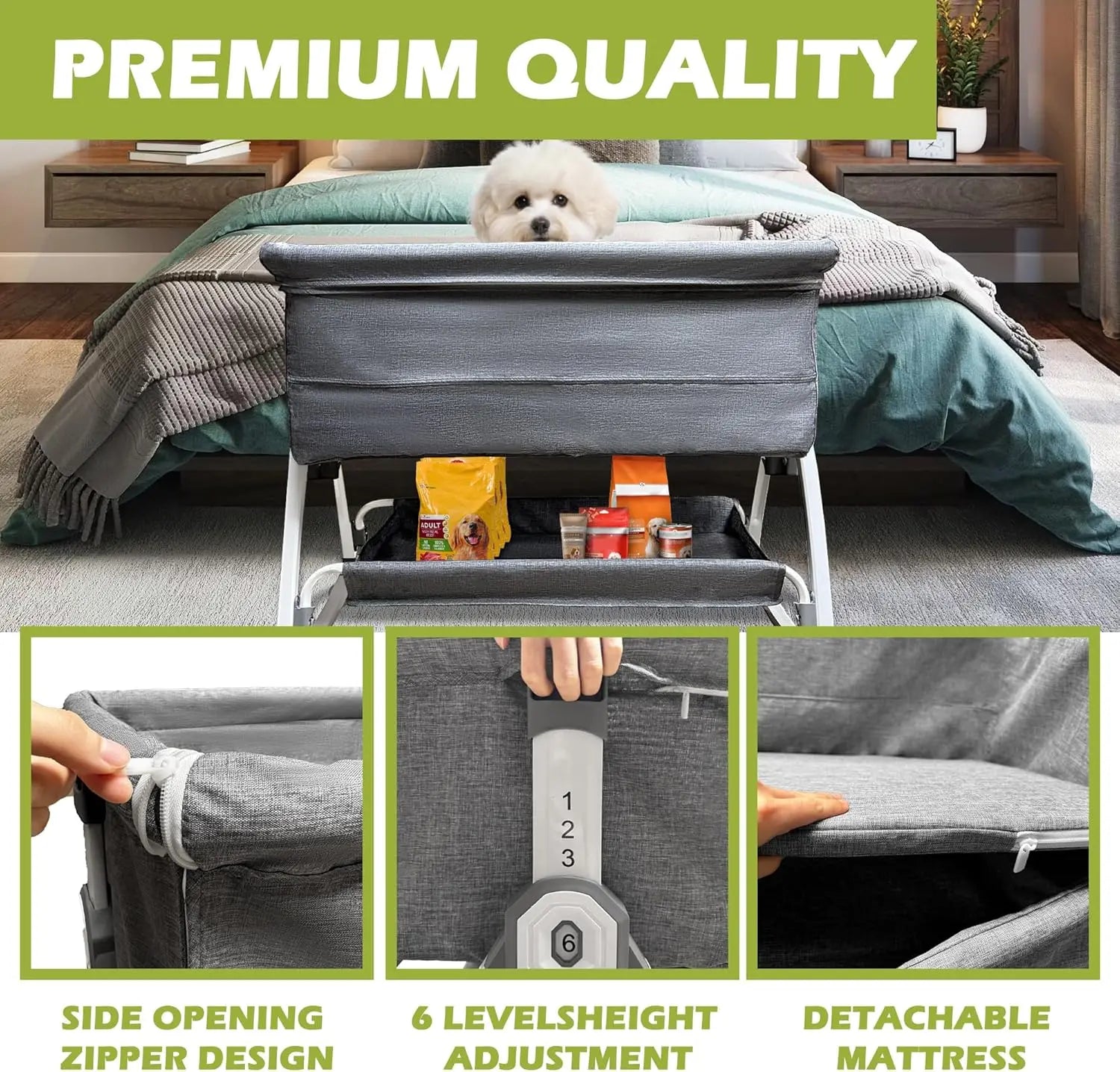 Bedside Sleeper Dog Bed, Adjustable 35''L x 20''W Pet Bed for Human Bed