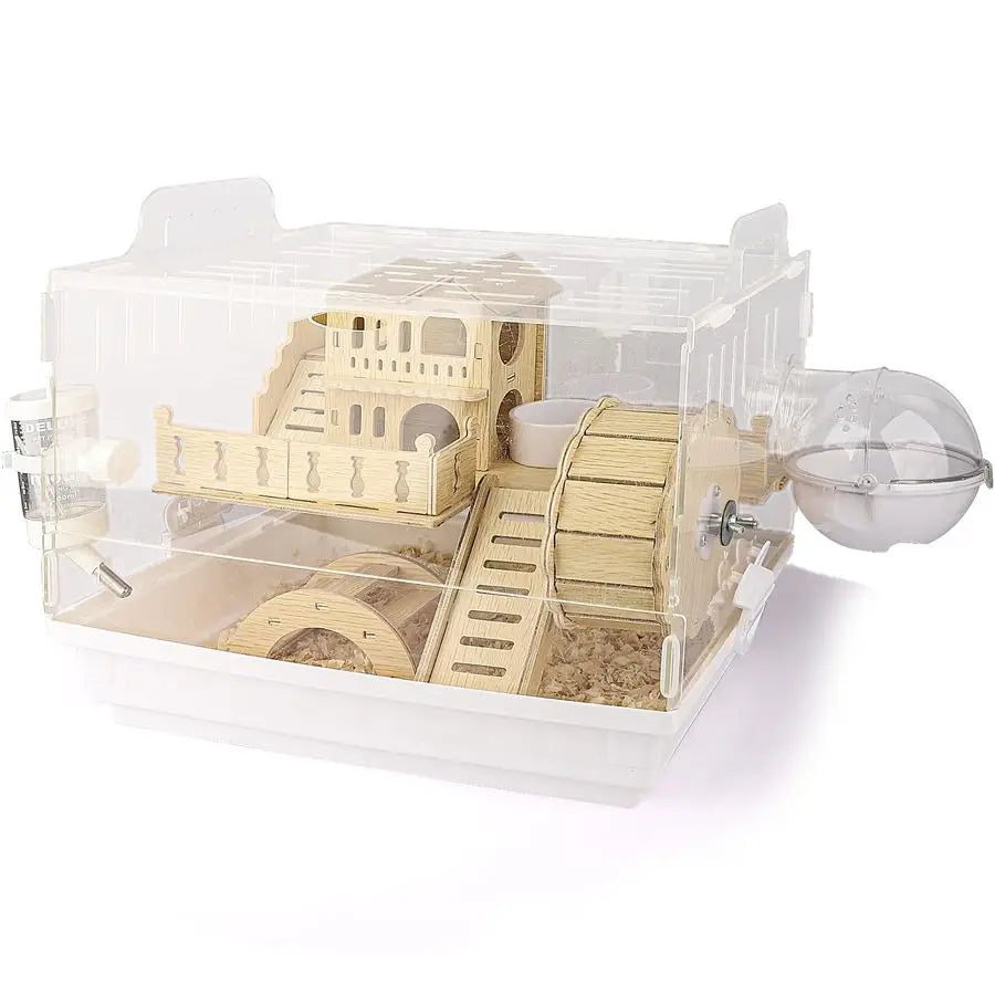 8 in 1 Acrylic Hamster Cage, 2Tier Cage with Wooden Wheel &Hideout