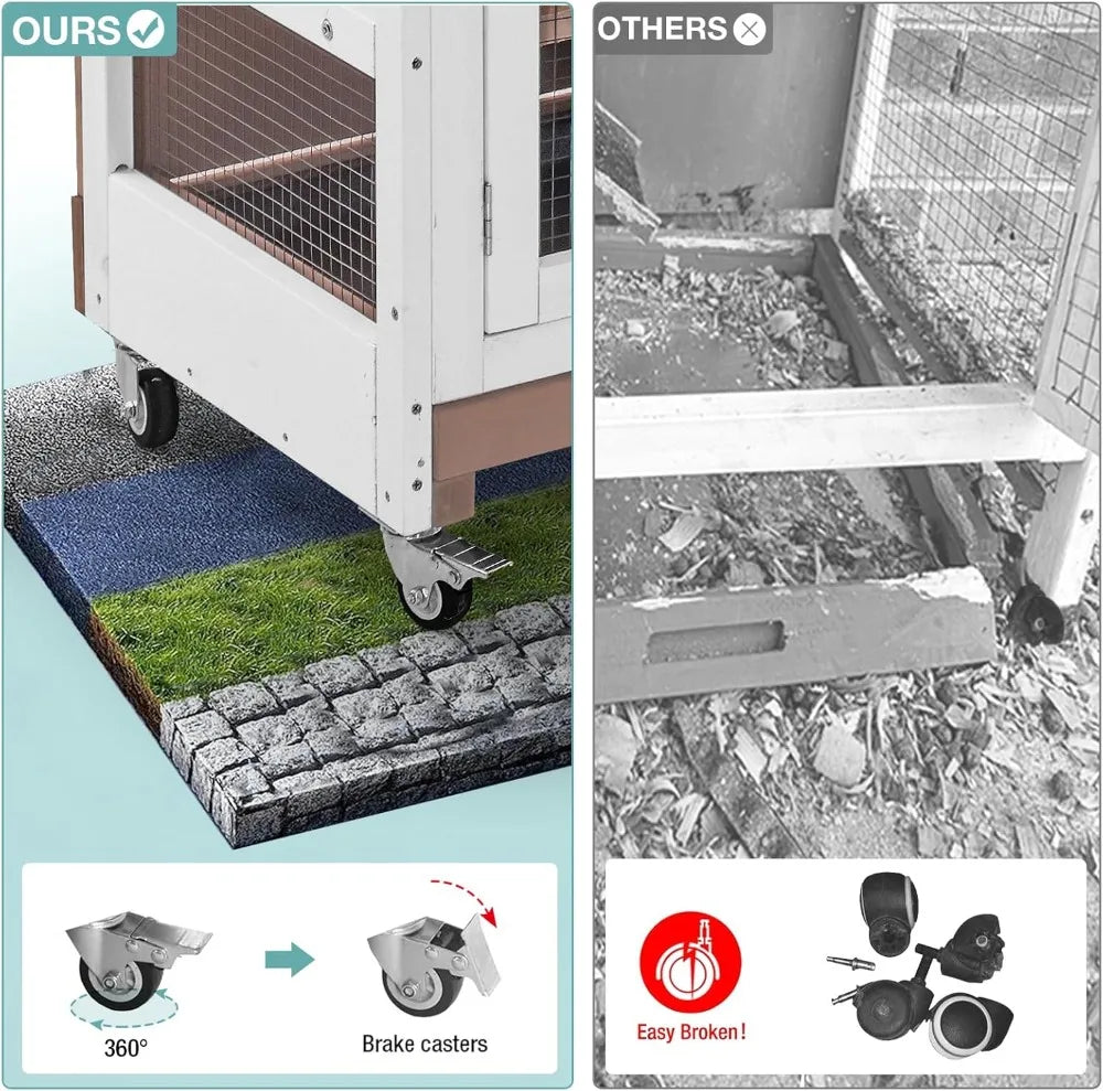 Rabbit Hutch Indoor Bunny House Guinea Pig Cage with Sliding Plastic Trays, Wheels & Ramp