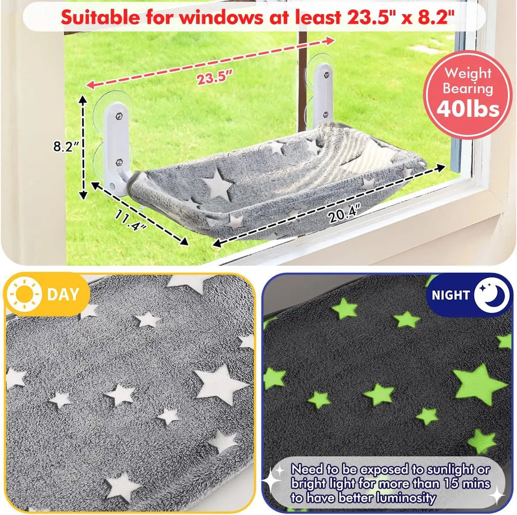 Cat Window Perch, Glow in The Dark Cord Hammock Bed for Window with Sturdy Metal Frame, Glowing Stars