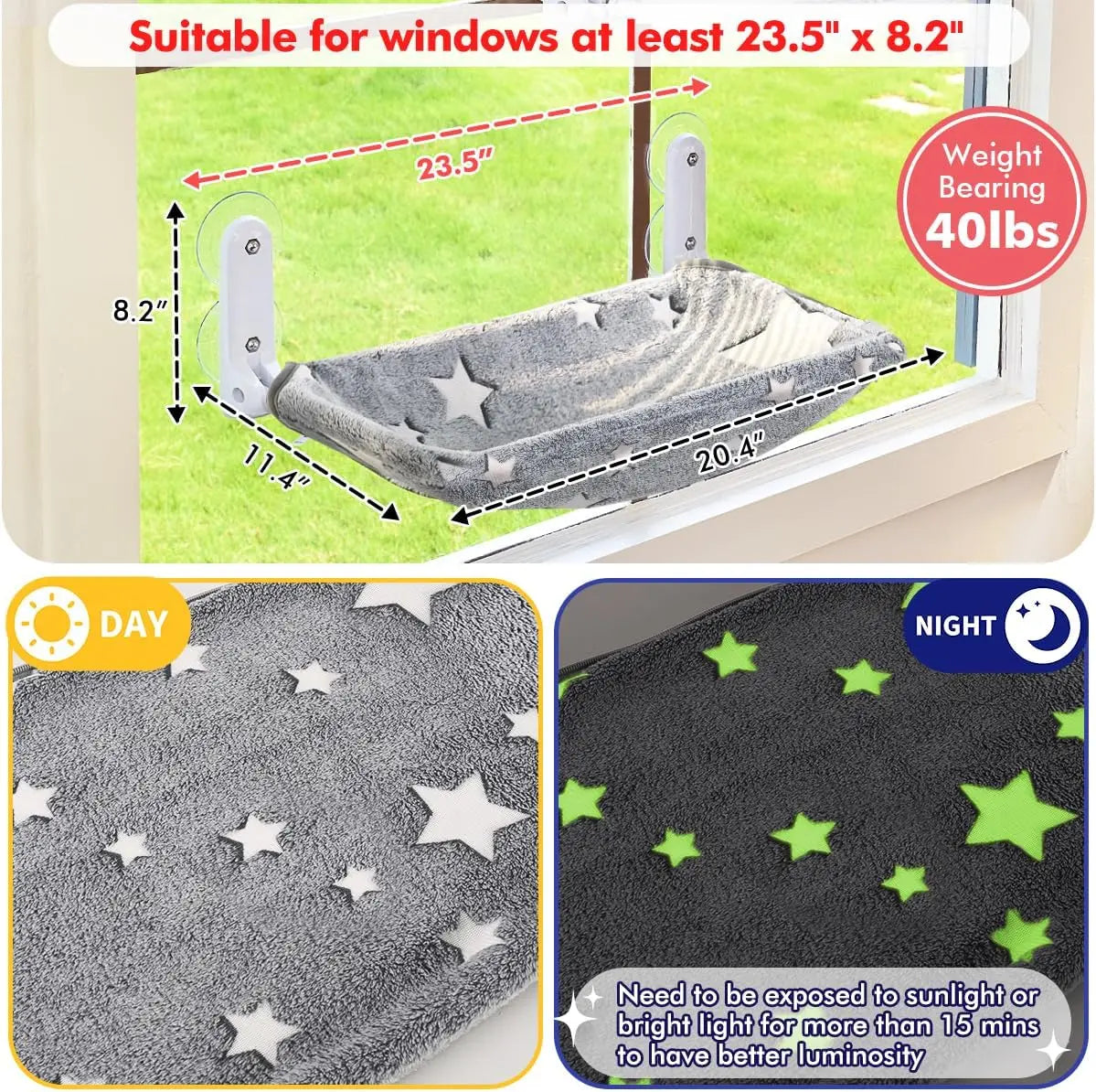 Cat Window Perch, Glow in The Dark Cord Hammock Bed for Window with Sturdy Metal Frame, Glowing Stars