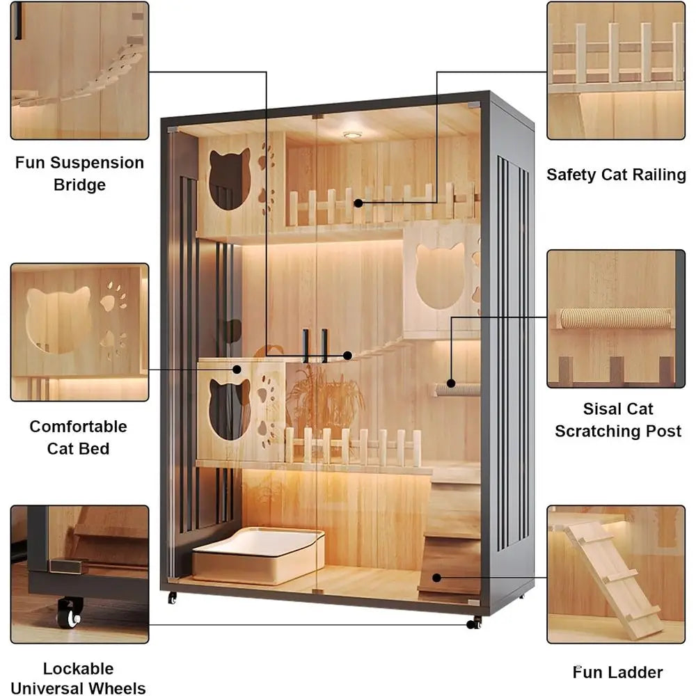 Modern Cat House & Indoor Villa - Extra Large Wooden Enclosure with Lockable Wheels & Tempered Glass