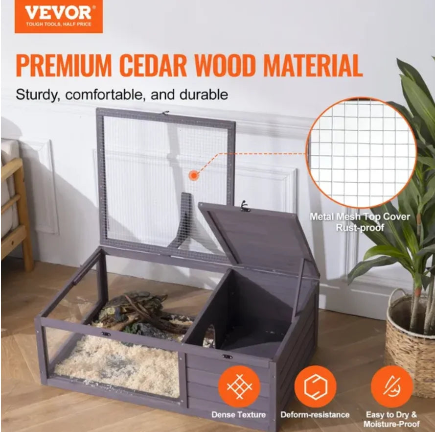 VEVOR Tortoise Habitat Wooden Tortoise House Indoor & Outdoor 2-Room 38x24x13in