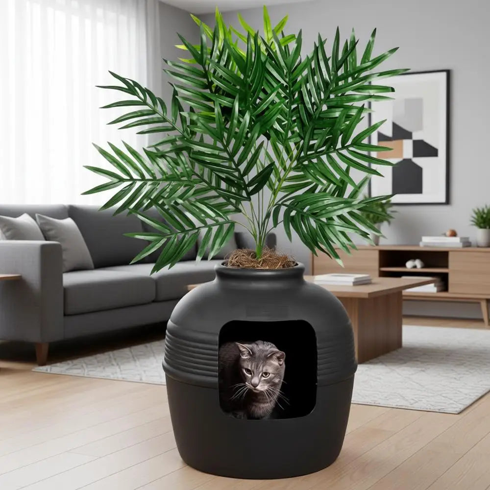 Hidden Cat Litter Box Enclosure with Artificial Plant, Decorative Round Planter, Odor Control Filter, Easy-to-Clean