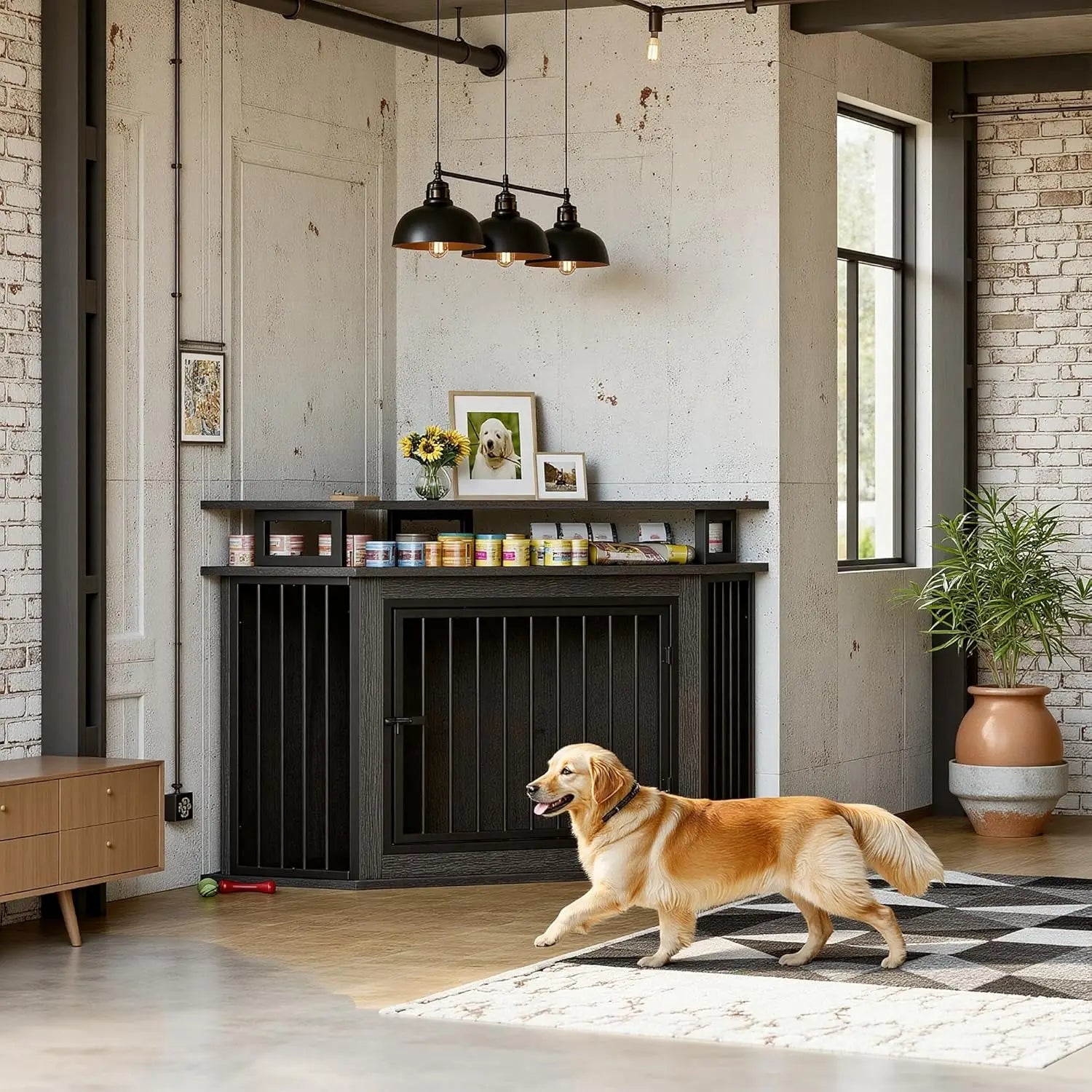 51" Corner Wooden Dog Crate with 2-Tier Shelves Space-Saving Indoor Cage