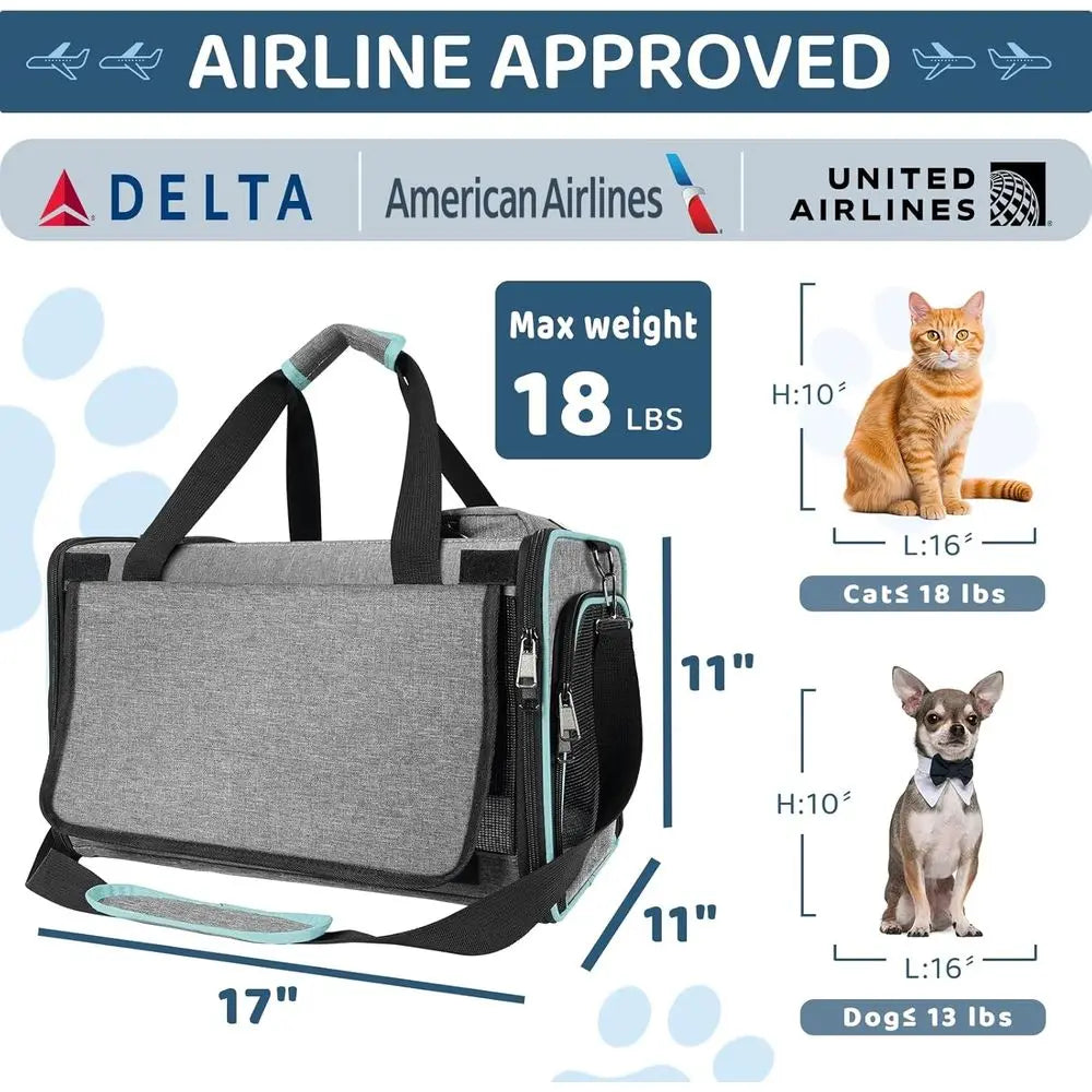 Cat/Small Dog Carrier American, United, Delta Airline Approved/Soft-Sided Pet Travel Bag