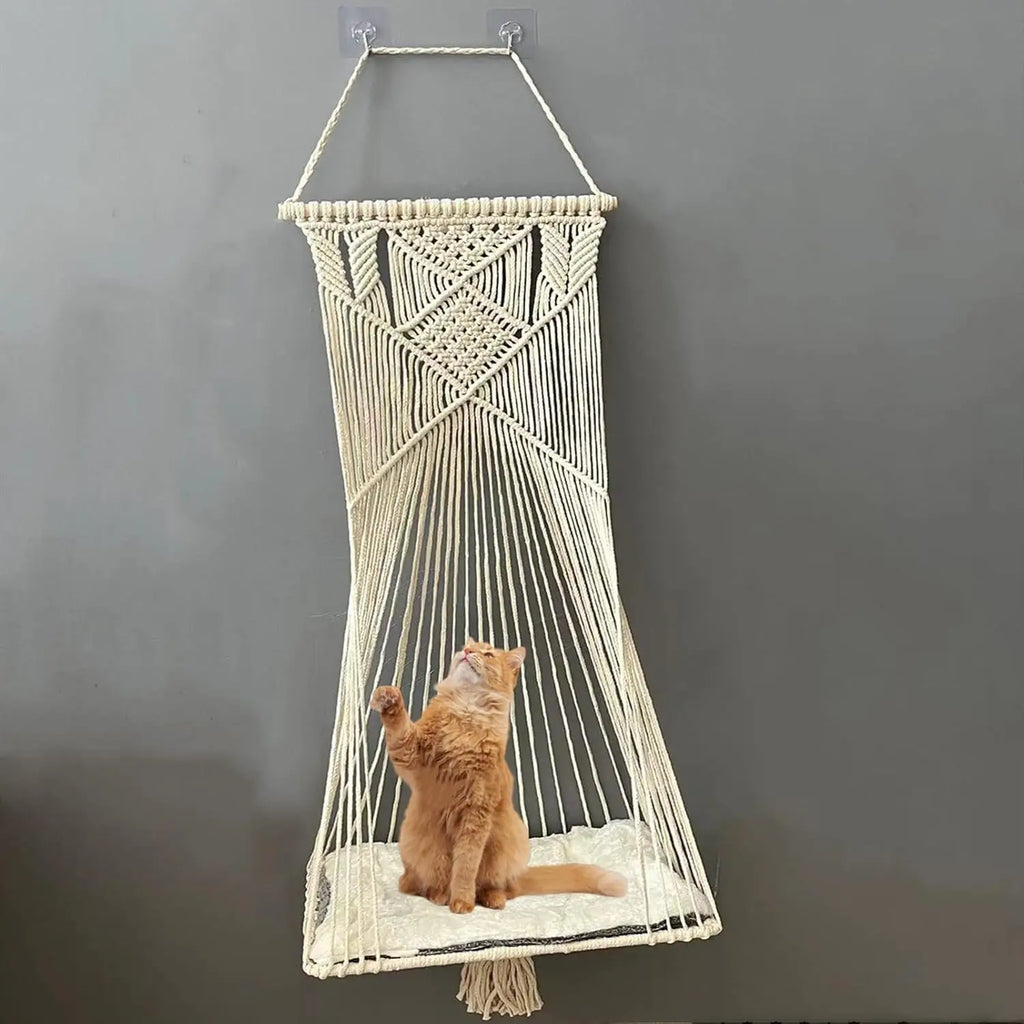 Macrame Hanging Cat Hammock Space Saving Window Perch with Washed Cotton