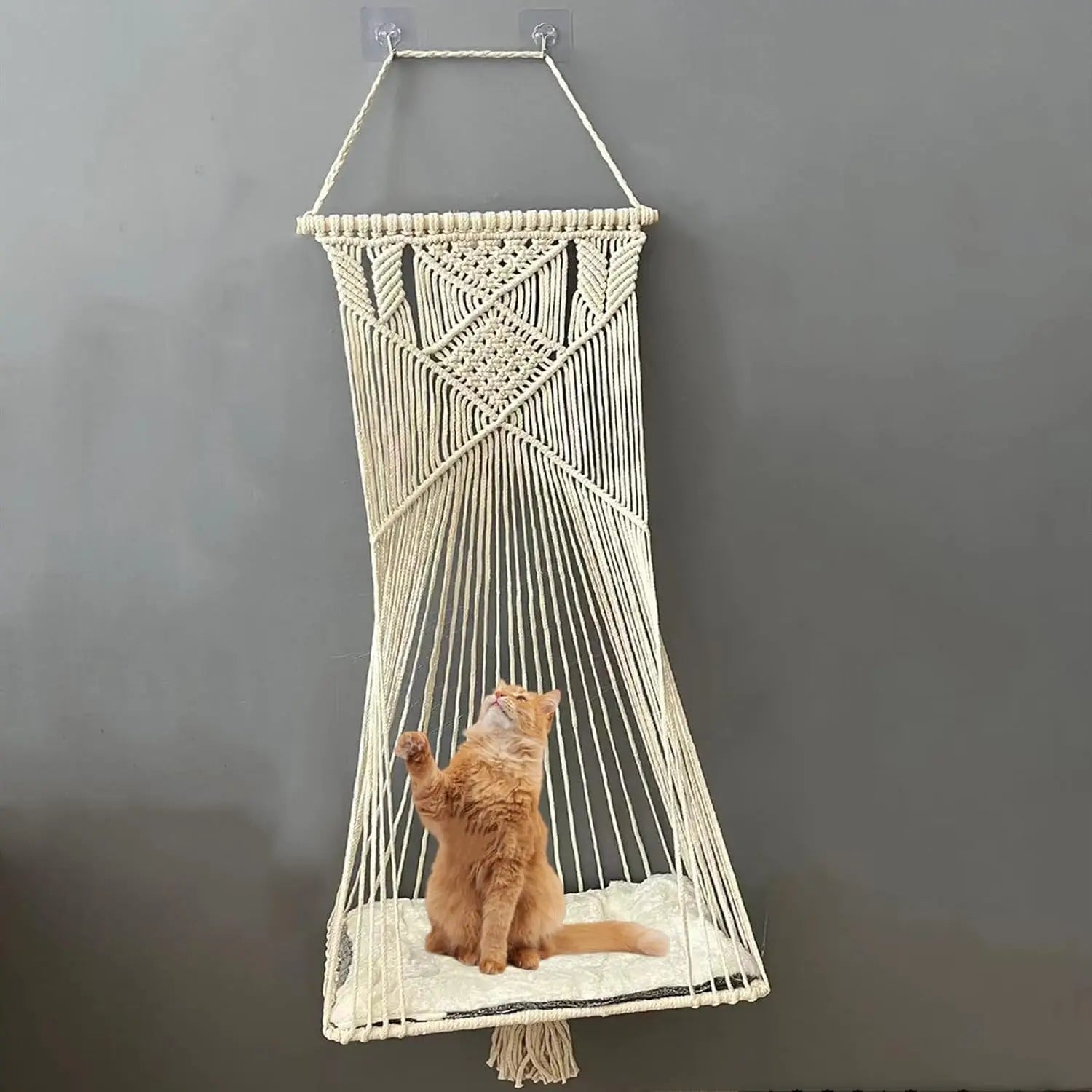 Macrame Hanging Cat Hammock Space Saving Window Perch with Washed Cotton