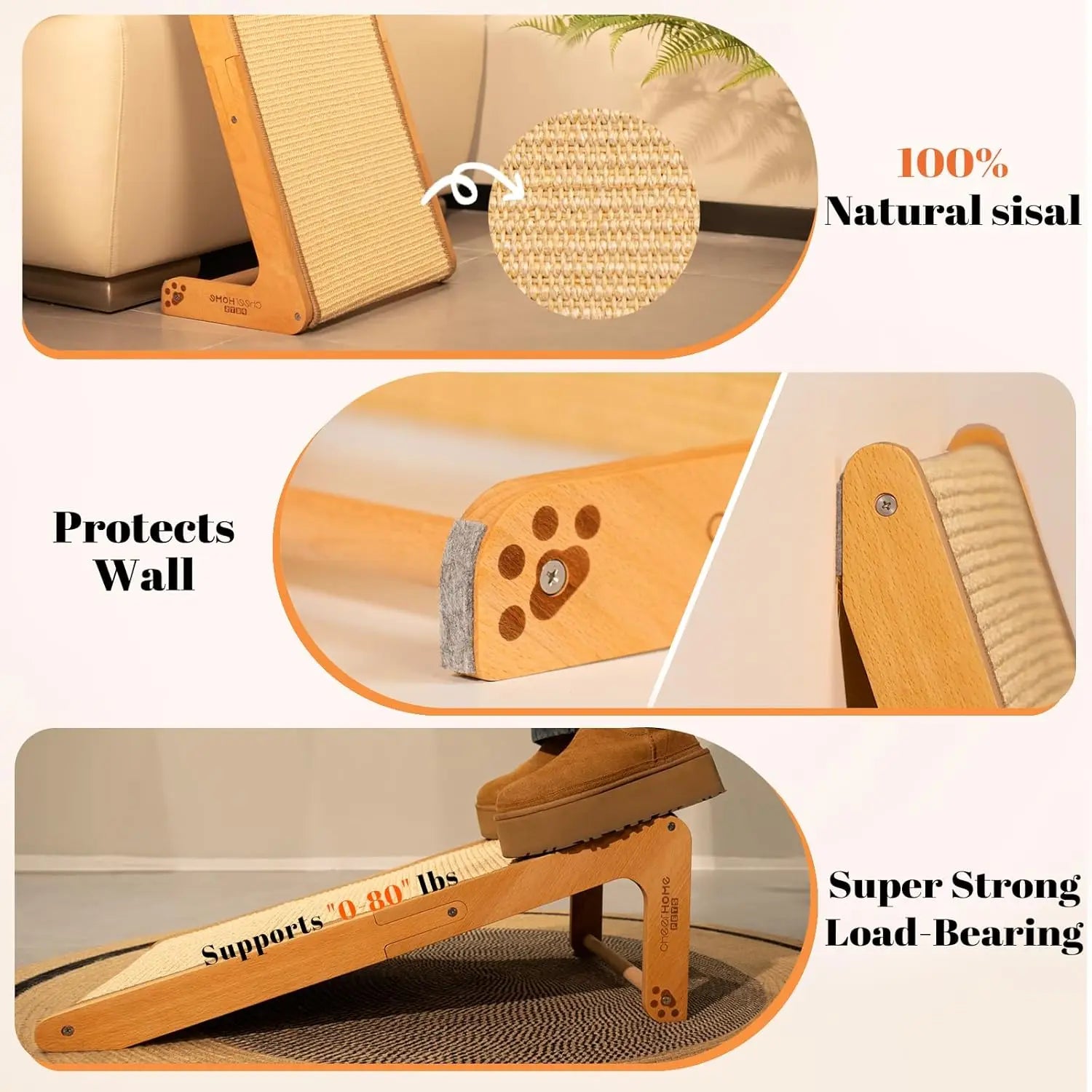 Sisal Cat Scratcher Ramp for Indoor Cats Vertical Cat Scratch Pad, Solid Wood Base