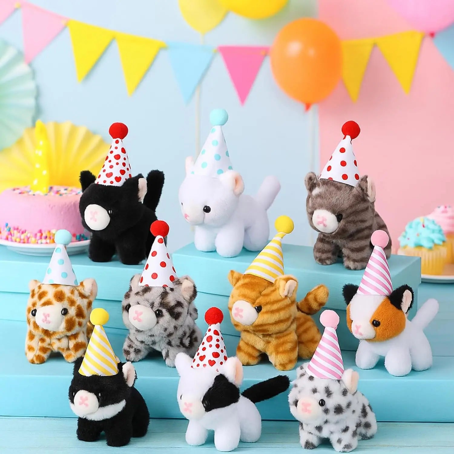 20 Mini Plush Cat Toys with Birthday Hats and Paper Houses
