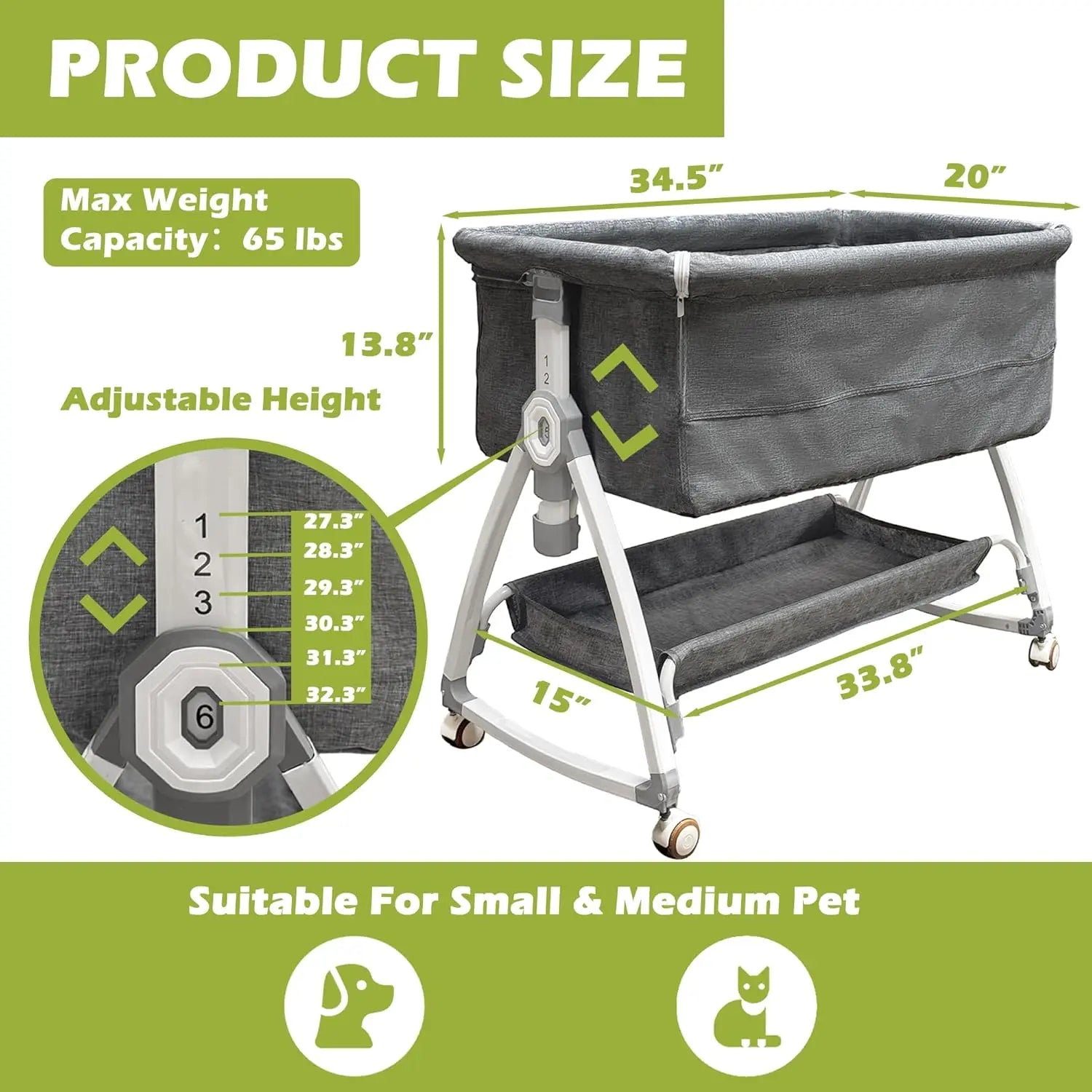 Bedside Sleeper Dog Bed, Adjustable 35''L x 20''W Pet Bed for Human Bed