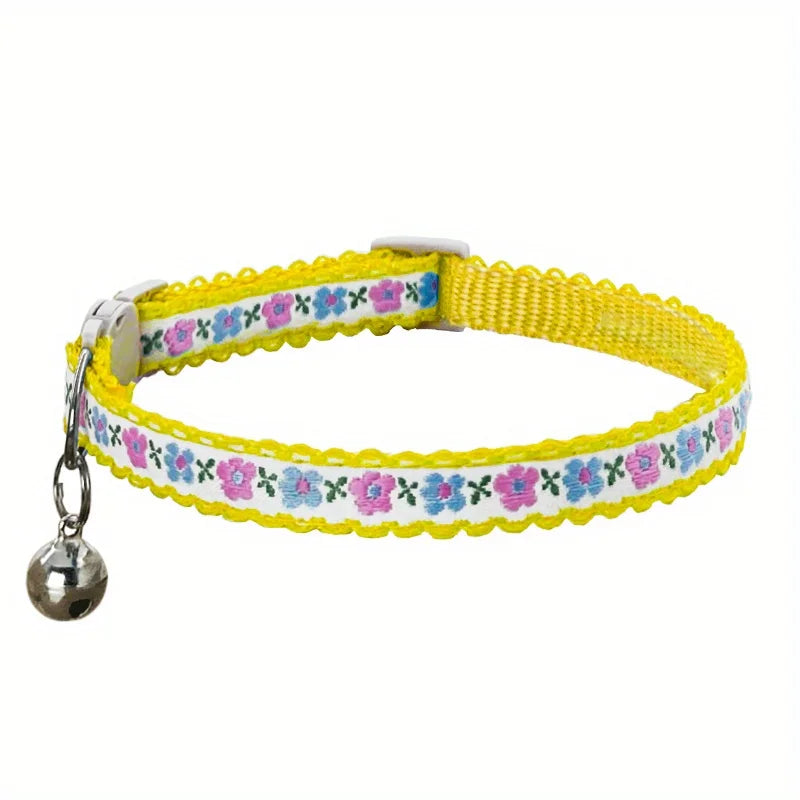 Exquisite Floral Embroidered Cat Collars, Adjustable And Durable With Bell