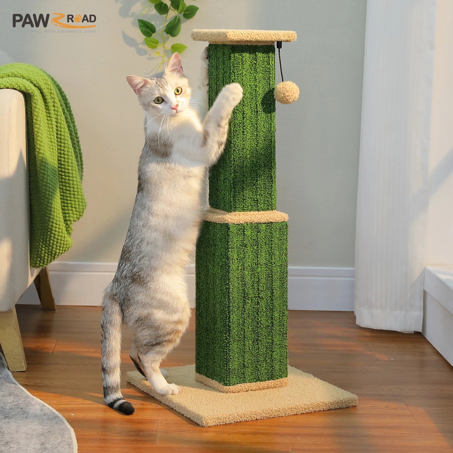 Large Cat Scratching Post for Indoor Cats with Woven Sisal Dangling Ball