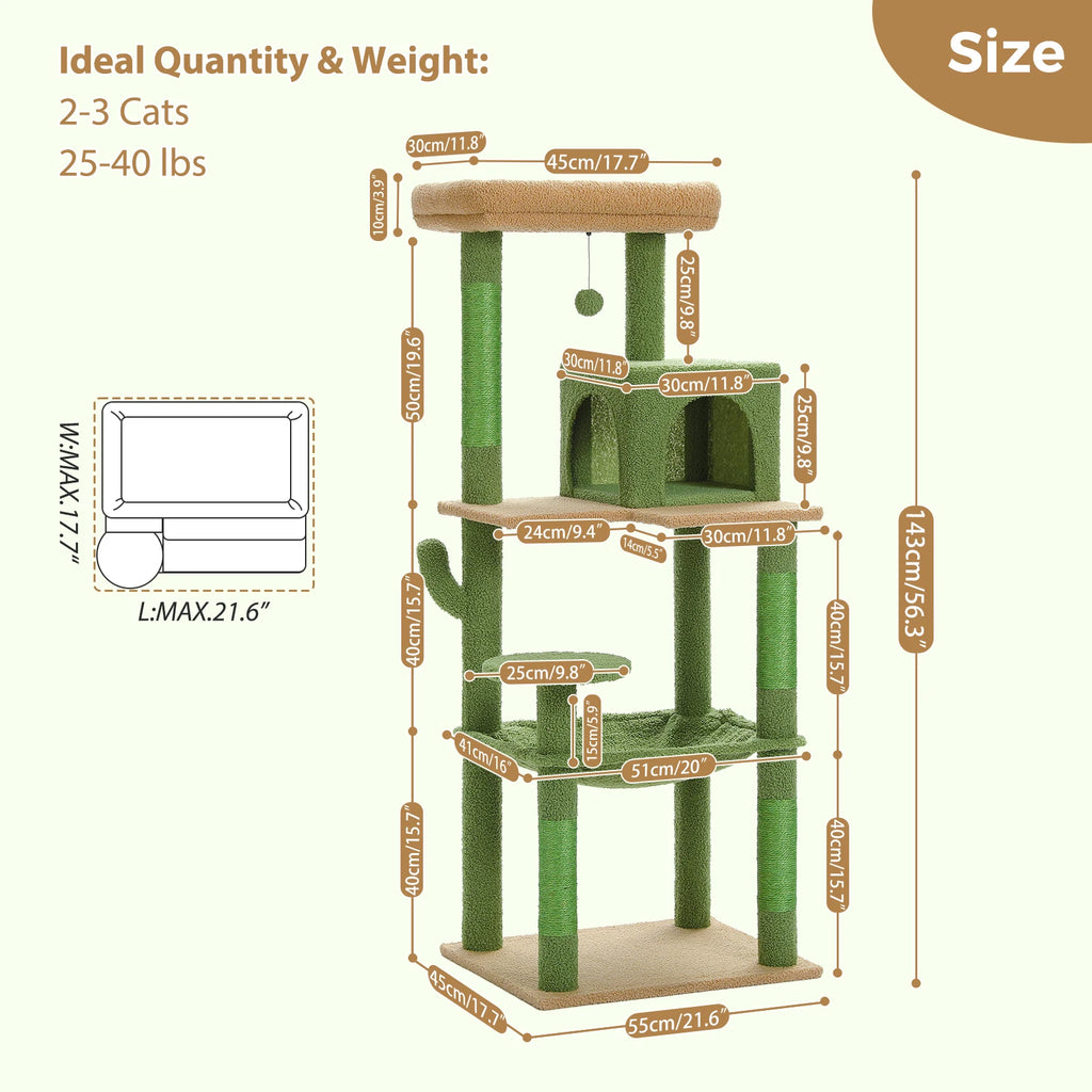 Cactus Cat Tree Tower for Large Cats with Metal Plush Big Hammock Condo House with Large Top Perch