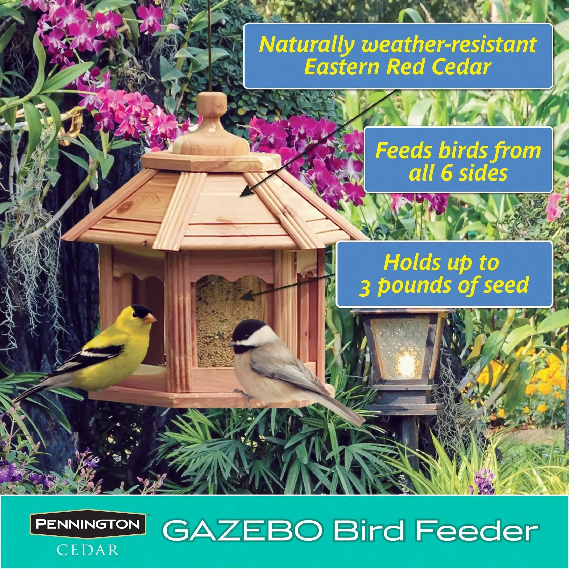 Cedar Gazebo Wild Bird Feeder, 3 lb Hopper Capacity, Safe Hanging, Durable Material
