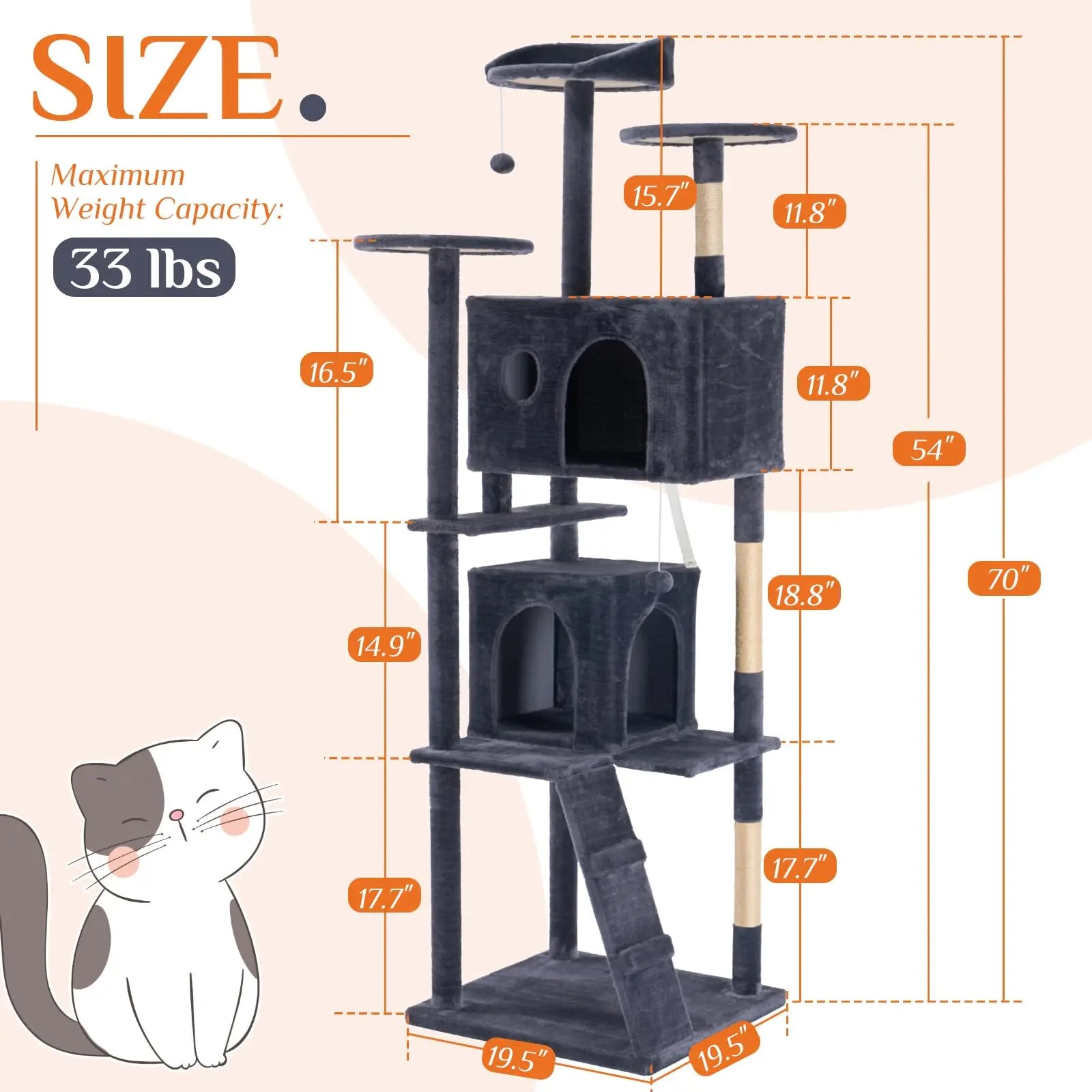 70 inch Cat Tree Tower Large Multi Level Cat Climbing Tower with Condo