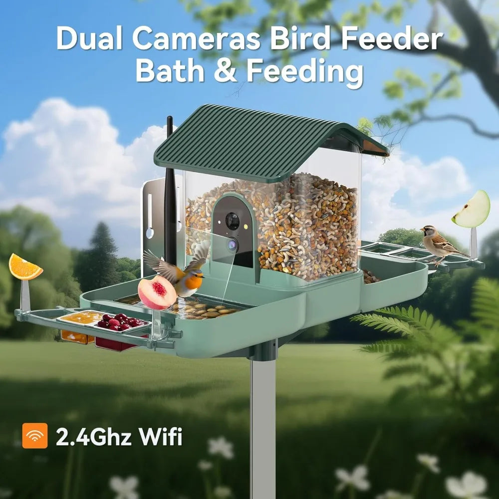 Bird Feeder with Camera & Bird Bath Combo, Watch Birds Eat & Bathe with WiFi 2K HD Video, Auto Record, AI Recognition