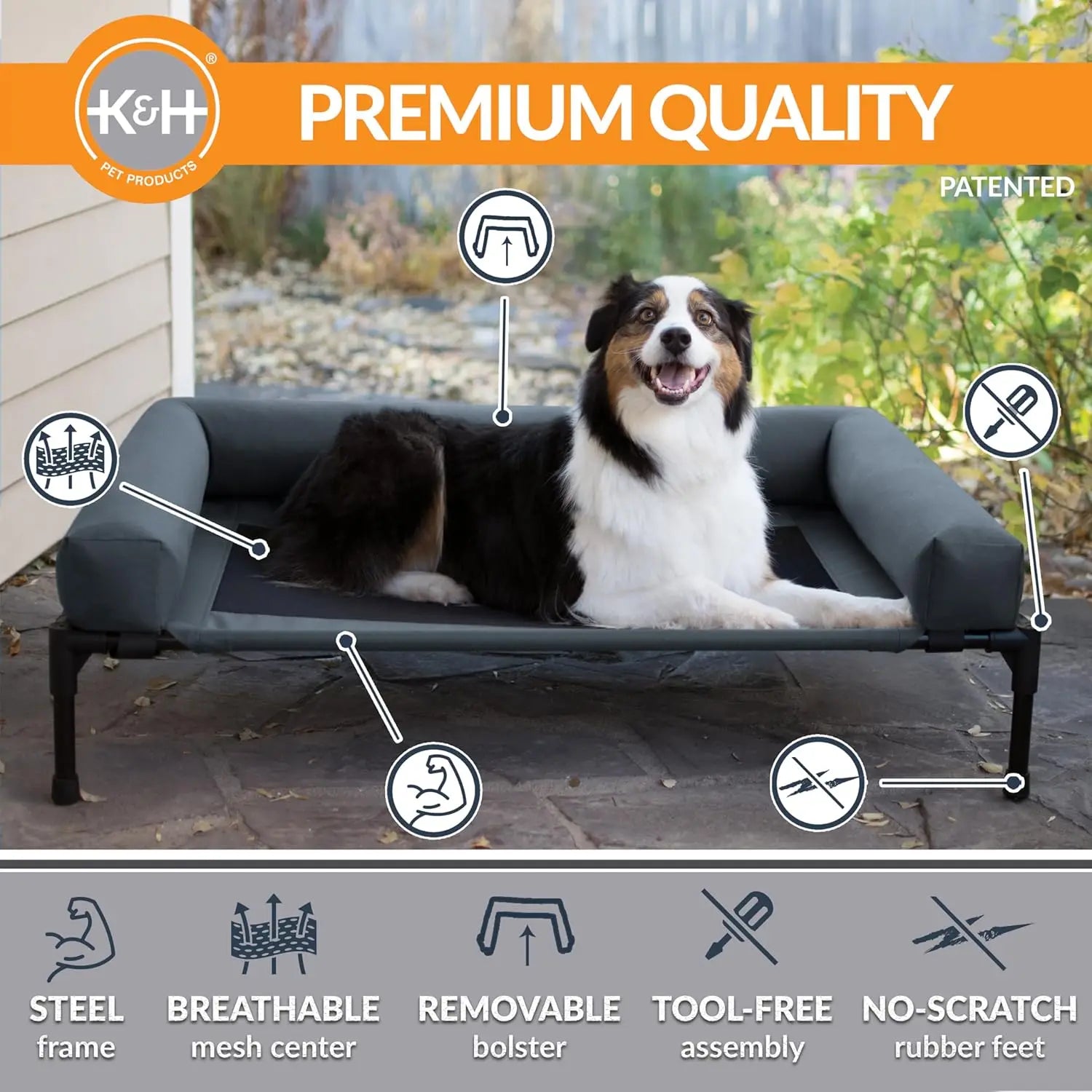 Large Elevated Dog Cot with Cooling Mesh, Removable Washable Cover, Sturdy Metal Frame for Indoor/Outdoor Use