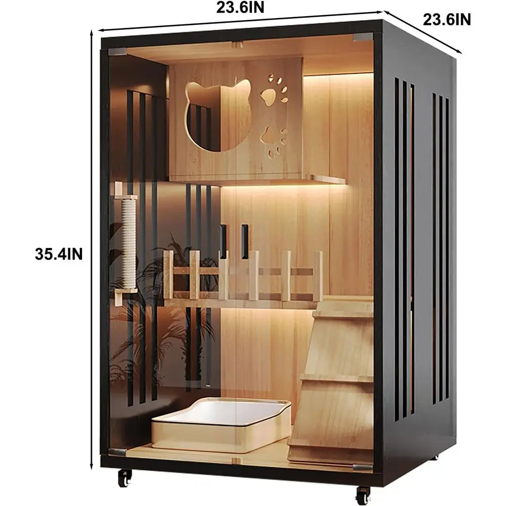 Modern Cat House & Indoor Villa - Extra Large Wooden Enclosure with Lockable Wheels & Tempered Glass