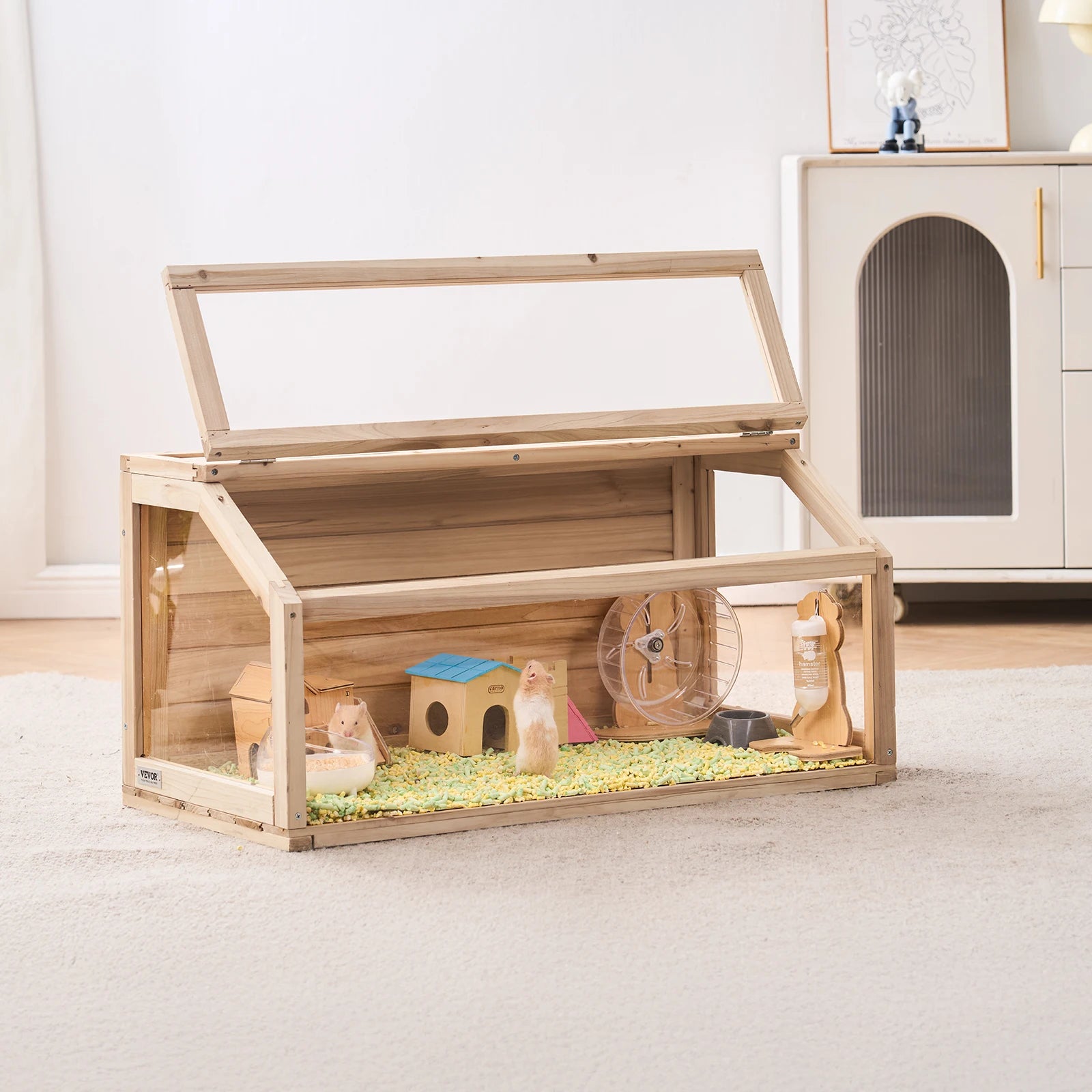 Wooden Hamster Cage Habitat 32"/40"/48" Clear Openable Top Small Animal House