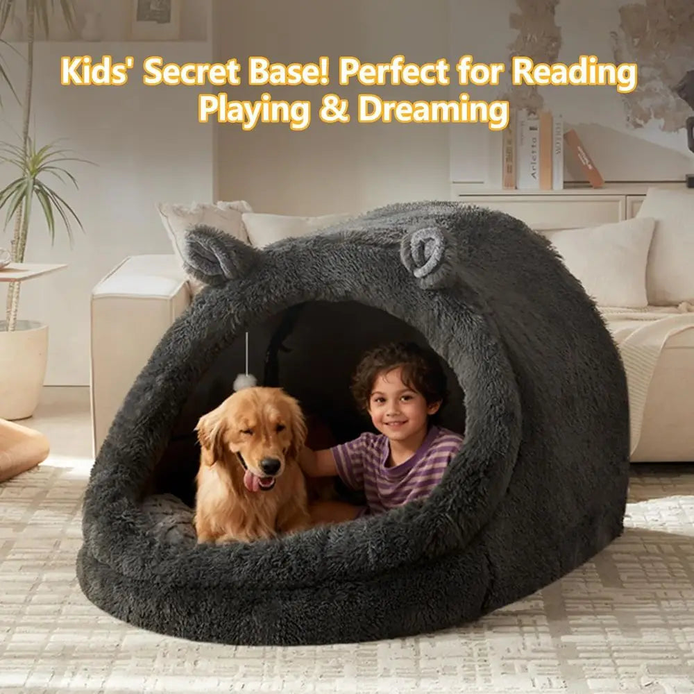 Extra Large Gray Fluffy Pet Bed with Canopy for Dogs, Cats & Humans, Removable Pillow & Blanket, Machine Washable
