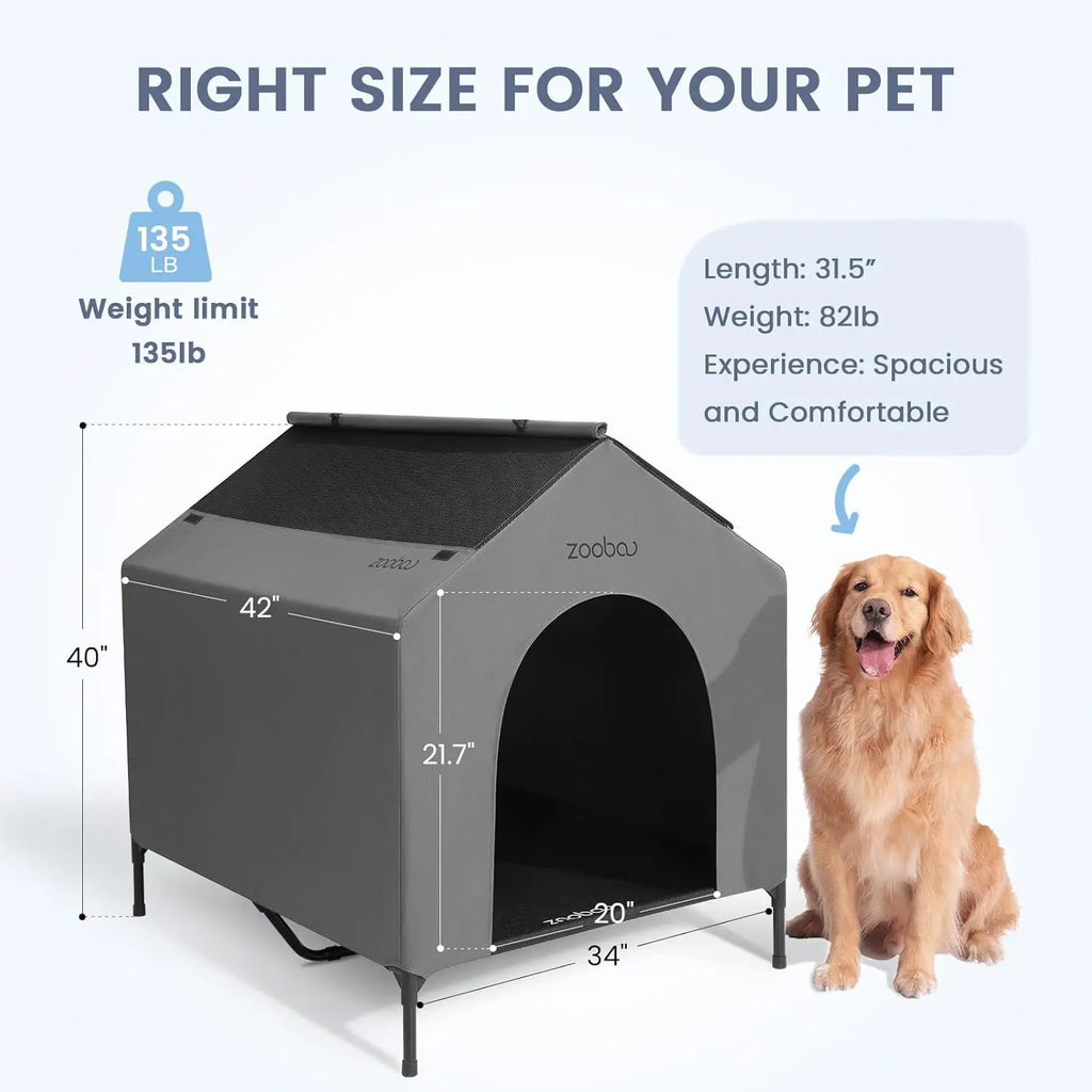 42" Outdoor Dog House for Large Breeds, Weatherproof PVC Canopy, Elevated Bed